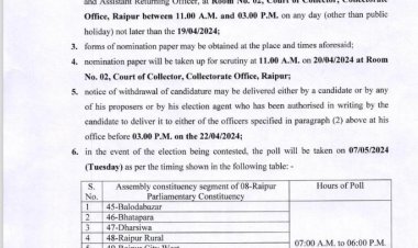 रिटर्निंग ऑफिसर और कलेक्टर डॉ गौरव सिंह ने आज सुबह 11 बजे रायपुर लोकसभा के निर्वाचन की अधिसूचना